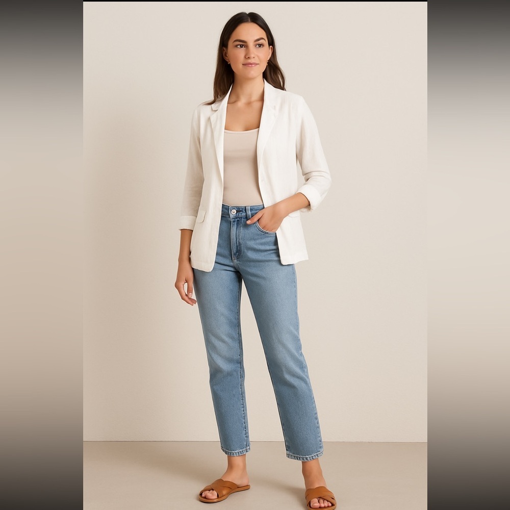 Have Women’s White Linen Blend Blazer Medium Polka Dot Cuff Lightweight Jacket